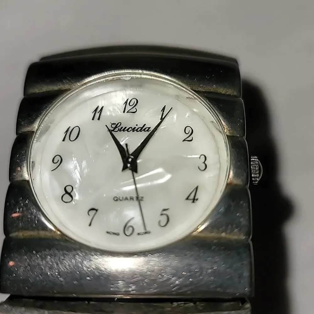 Lucida‎ Industrial Thick Silver Metal Watch Expandable Band White Abalone Face